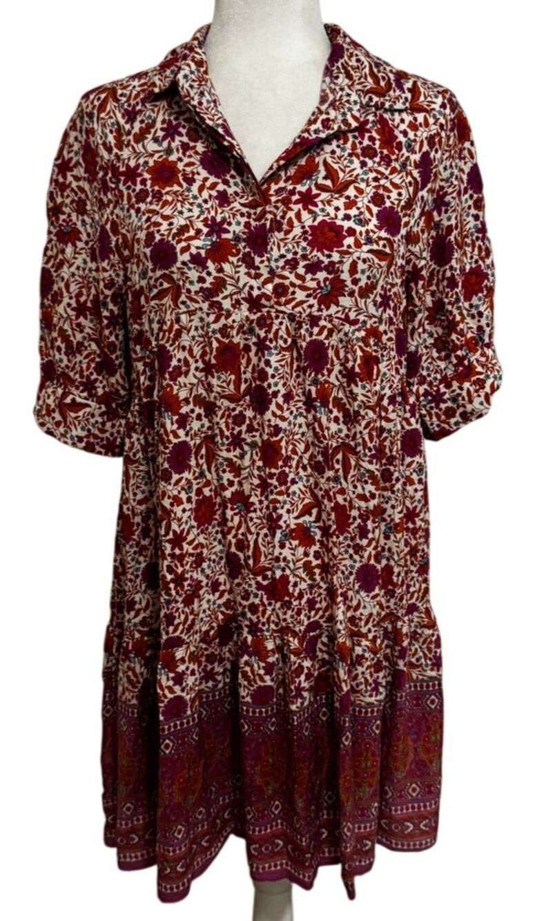 Natural Life Floral Boho Tiered Shirt Dress Rayon Collared Button Front Pink (S)